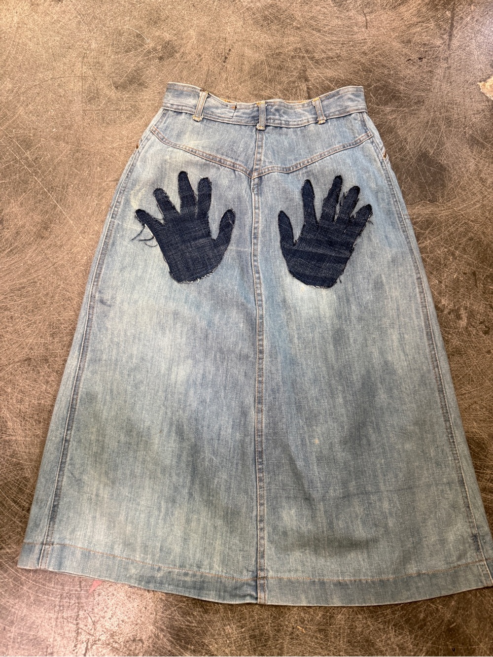 Vintage  Light Blue Denim A-Line Skirt with Dark Blue Hand Patches- boho vibes